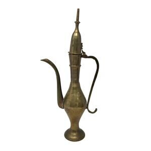 Vintage Indian Brass Ewer Hinged Lid Engraved Pitcher 11.5" Boho Decor Vase